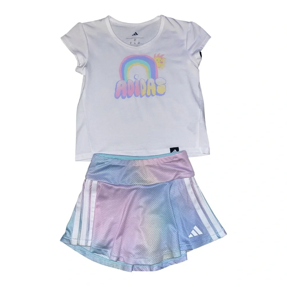 adidas White Rainbow Graphic Tee and Flounce Skort  Set